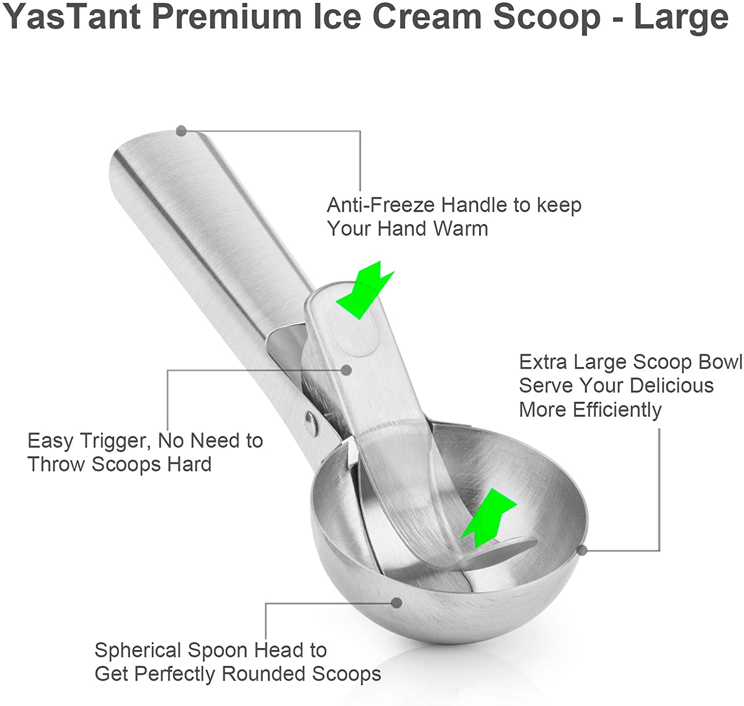  YasTant Premium Ice Cream Scoop with Trigger Ice Cream Scooper  Stainless Steel, Heavy Duty Metal Icecream Scoop Spoon Dishwasher Safe,  Perfect for Frozen Yogurt, Gelatos, Sundaes, Medium Silver: Home & Kitchen